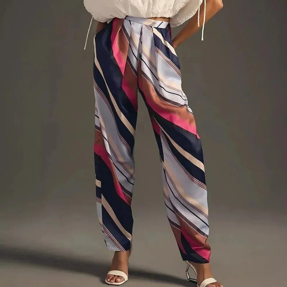 Anthropologie Maeve Striped Satin Balloon High Rise Pants - Picture 1 of 9